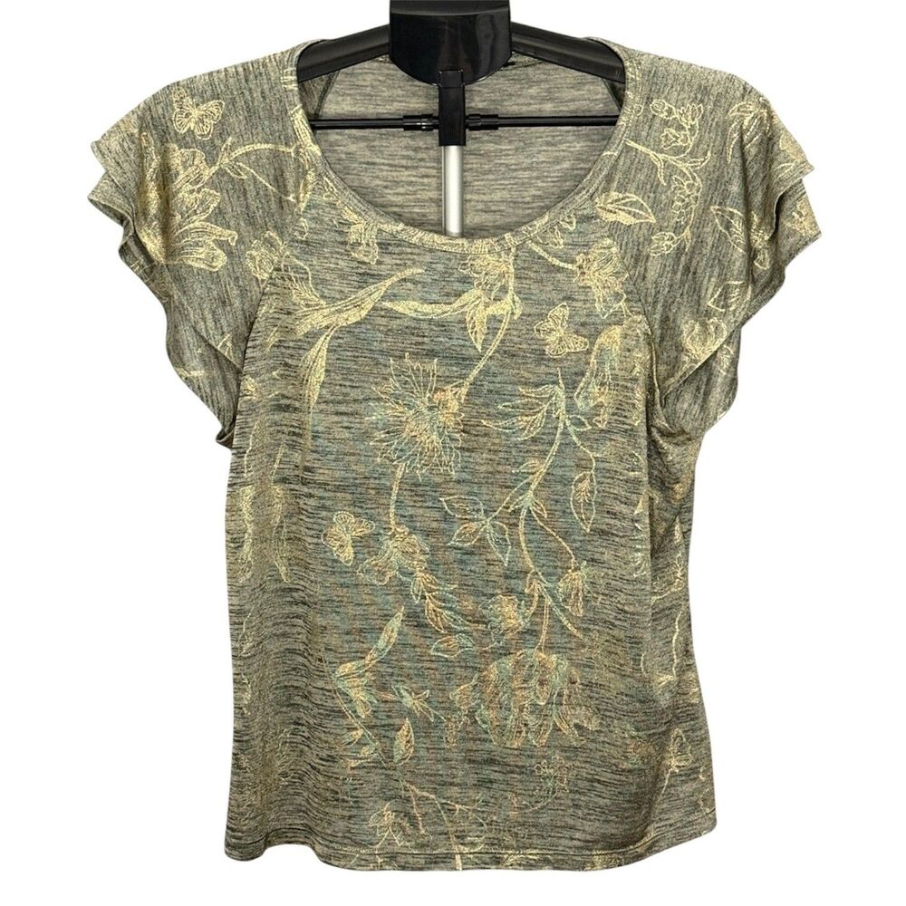 WHBM Metallic Gold Tee Shirt M/L White House Black Market Relaxed Fit Floral Top